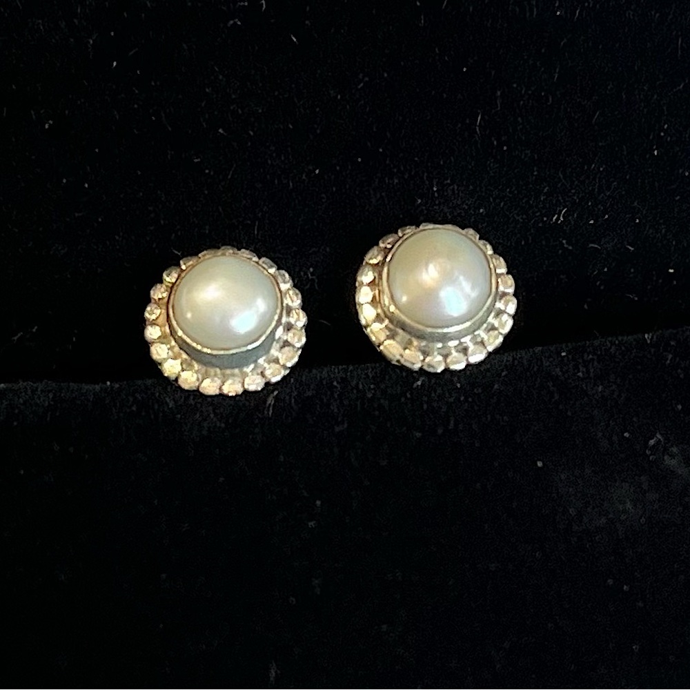 Vintage Boho Sterling Silver Cabochon Pearl Earrings